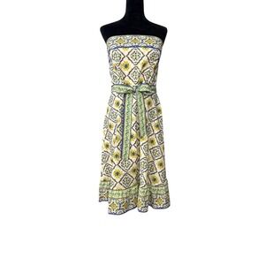 Antonio Melani Dress Womens 12 White Tile Print Strapless Midi Sun Dress Cotton